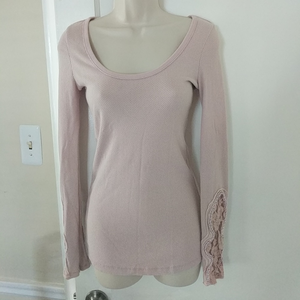 *SOLD* Free People Pink Thermal Shirt Lace Sleeves